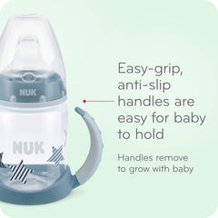 NUK spill-proof cup spout detail highlighting 100% silicone soft spout for gentle gums