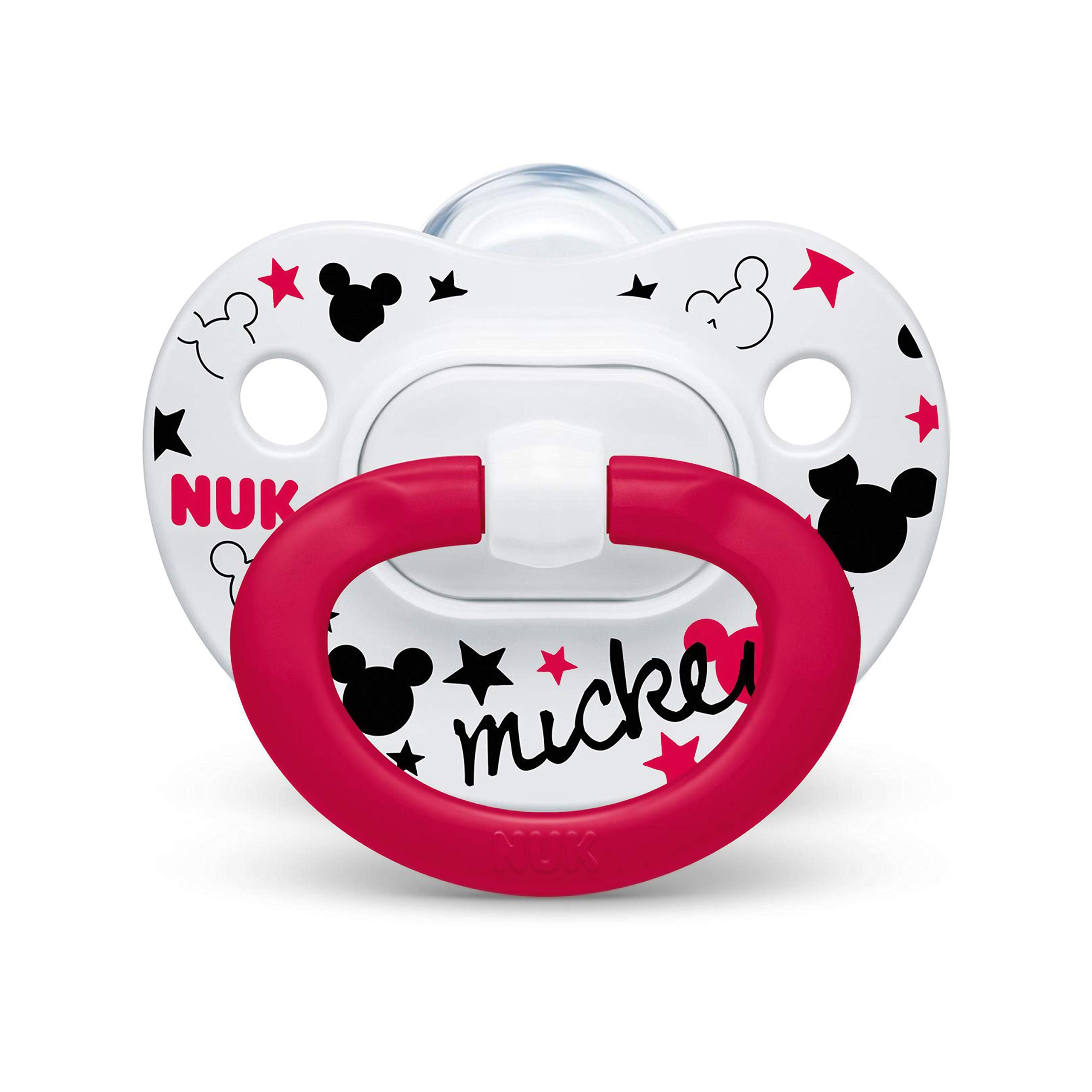 NUK Disney Mickey pacifier 2-pack, Mickey design detail, appealing to babies.