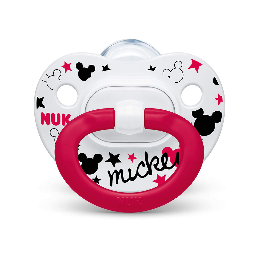 NUK Disney Mickey pacifier 2-pack, Mickey design detail, appealing to babies.
