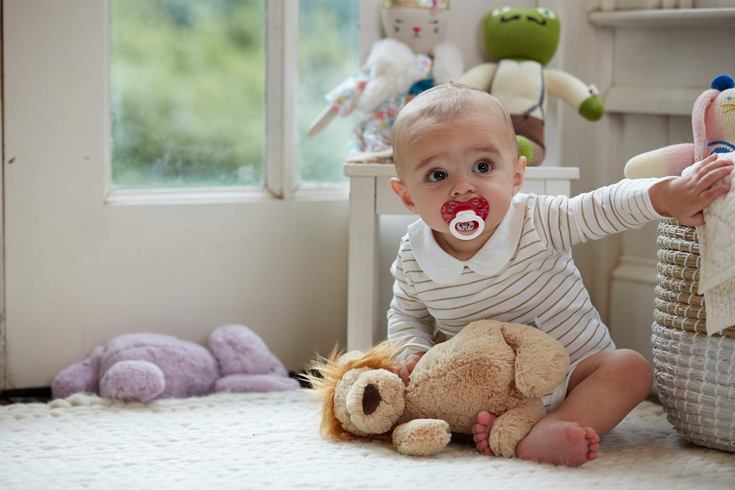 NUK Disney Mickey pacifier 0-6 months, baby use scenario, easy cleanup.