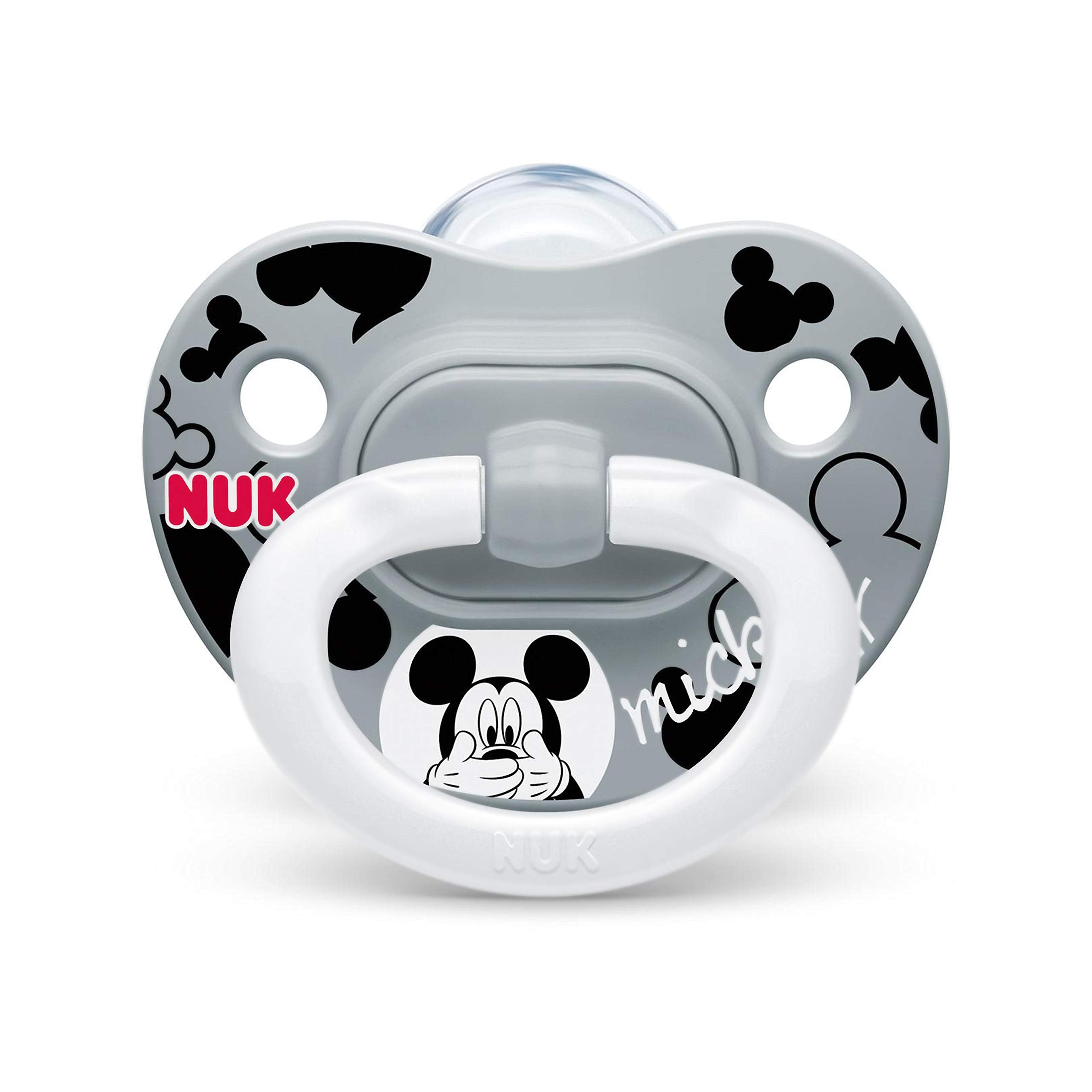 NUK Disney Mickey pacifier 2-pack, packaging case, BPA-free silicone nipples.