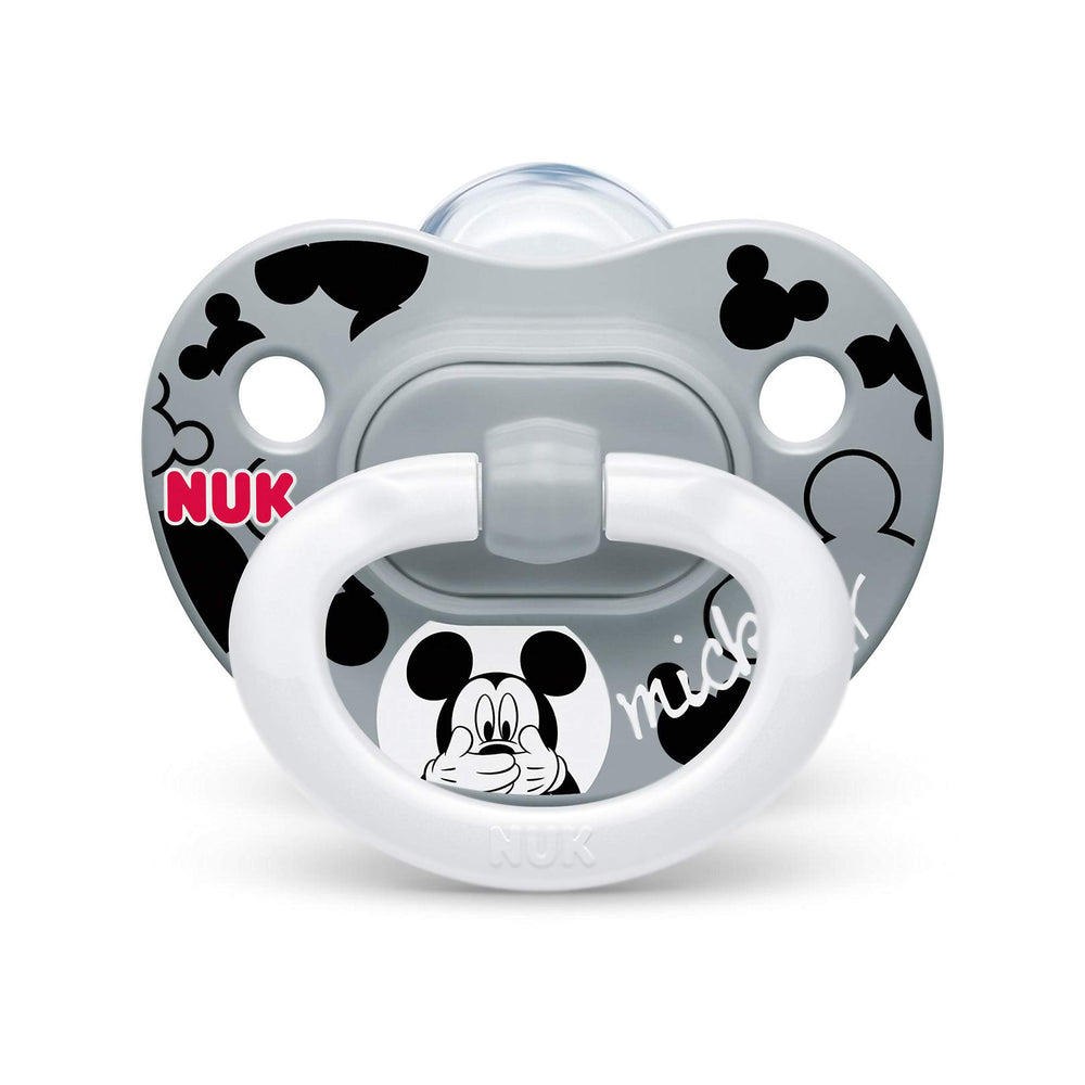 NUK Disney Mickey pacifier 2-pack, packaging case, BPA-free silicone nipples.