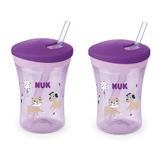 NUK Evolution Straw Cup with purple cat and dog motif supports toddler independence on the go