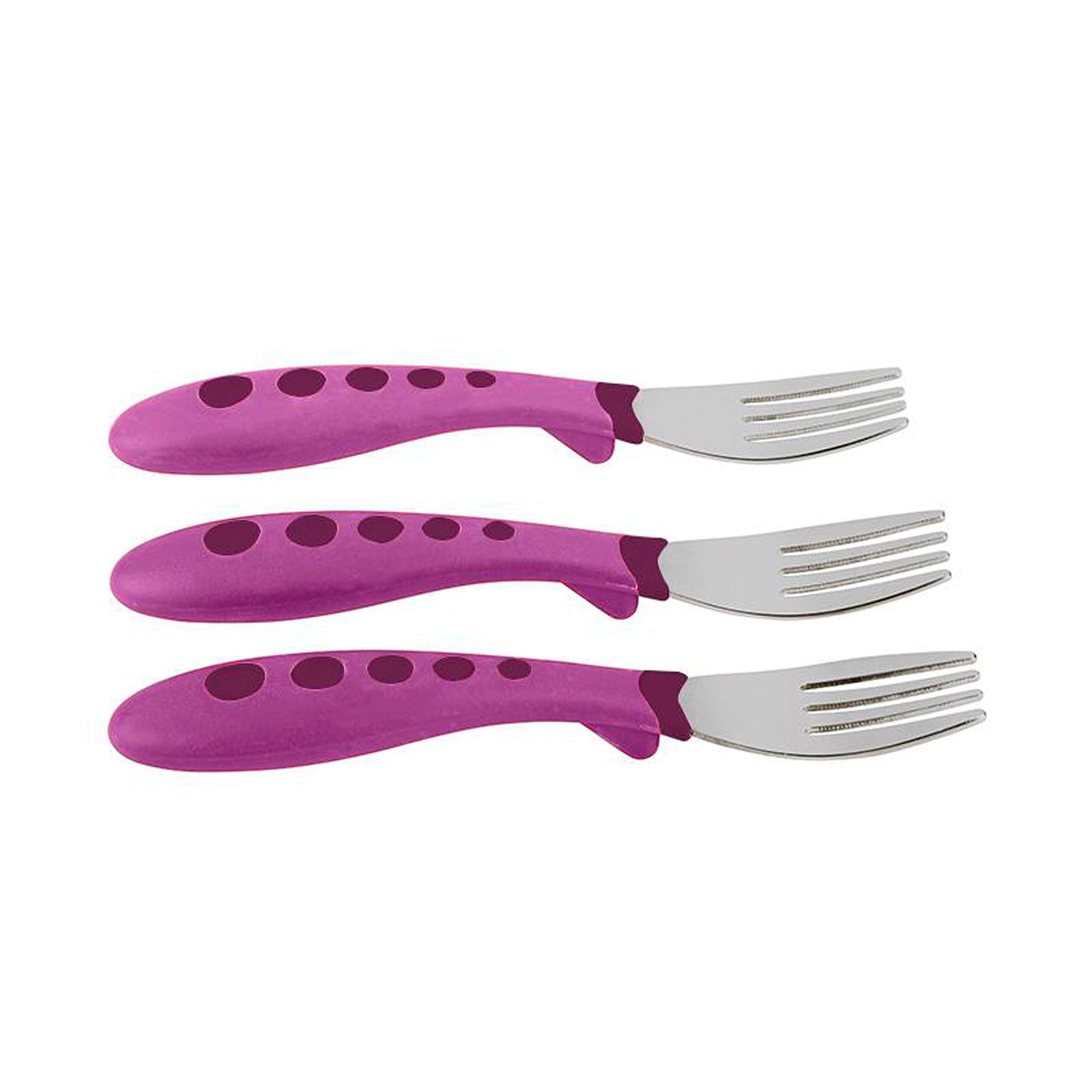 NUK First Essentials Kiddy Cutlery forks shown in pink blue and green.