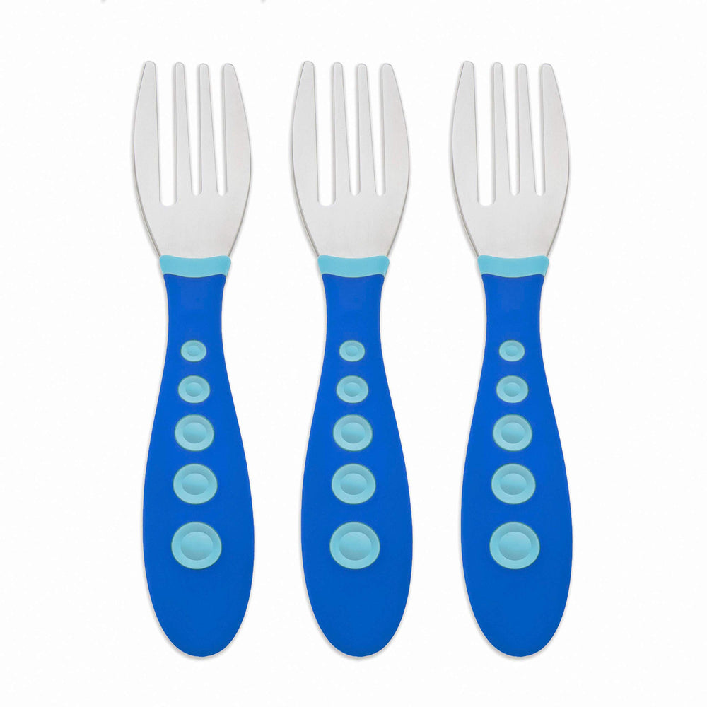 NUK First Essentials Kiddy Cutlery forks with durable stainless steel tips.
