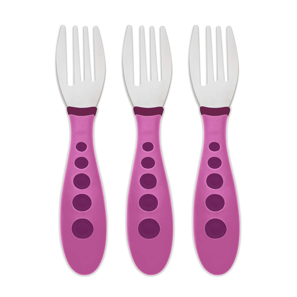 NUK First Essentials Kiddy Cutlery forks featuring rest-easy assist to reduce mess.