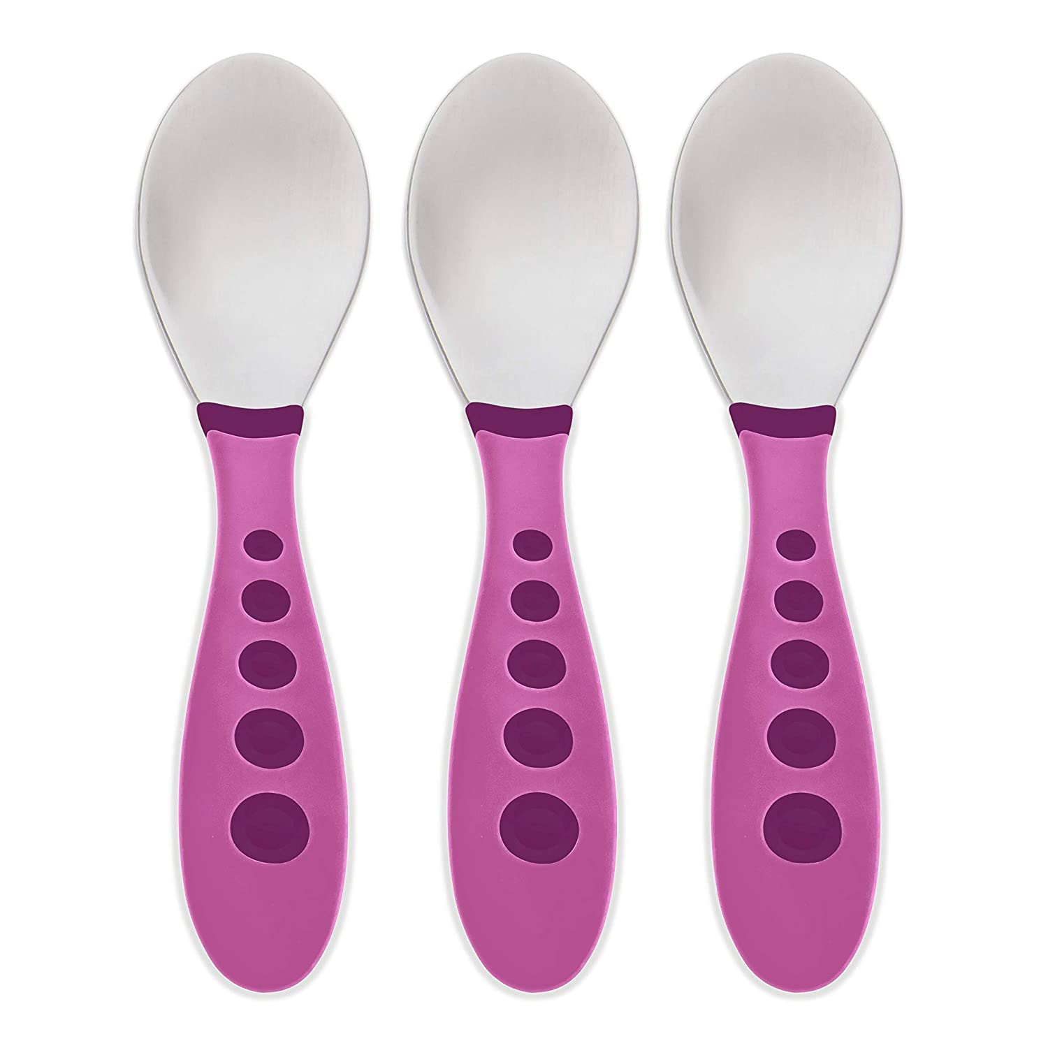 NUK First Essentials purple spoons with rest easy design help reduce mess during meals