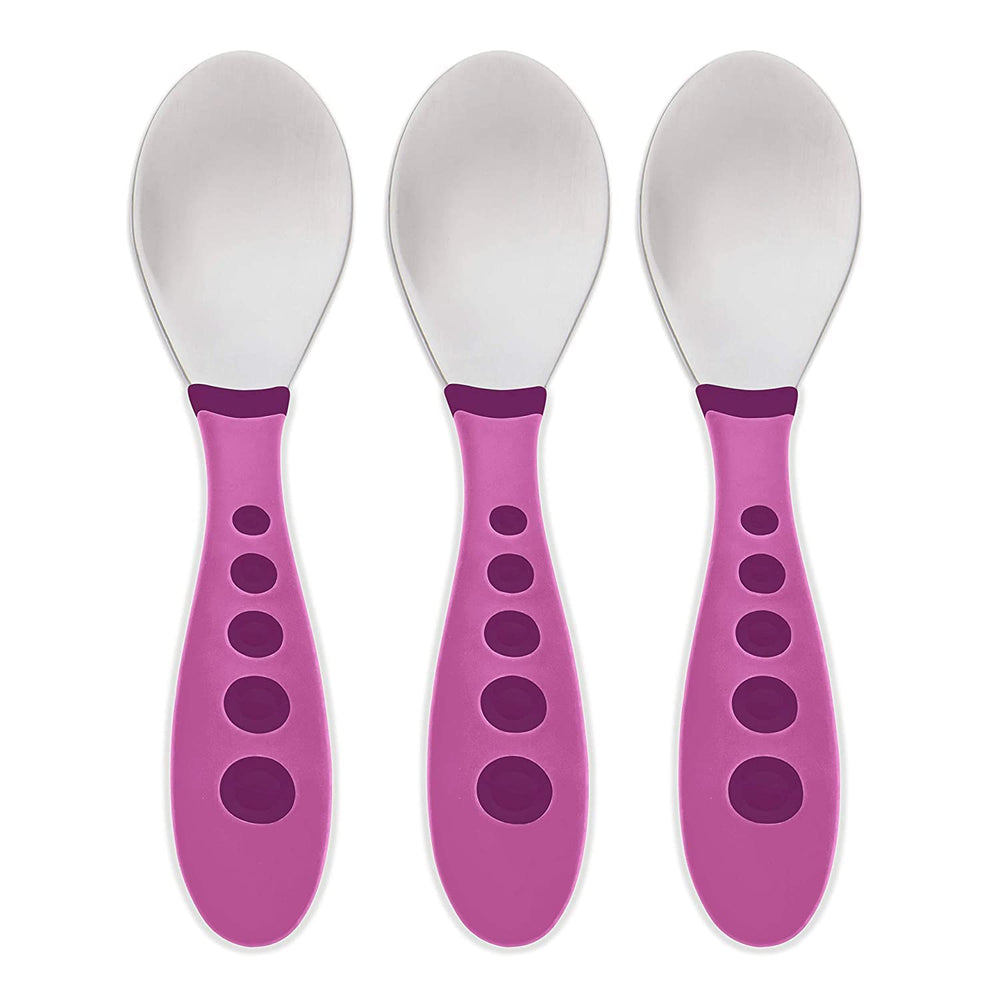 NUK First Essentials purple spoons with rest easy design help reduce mess during meals