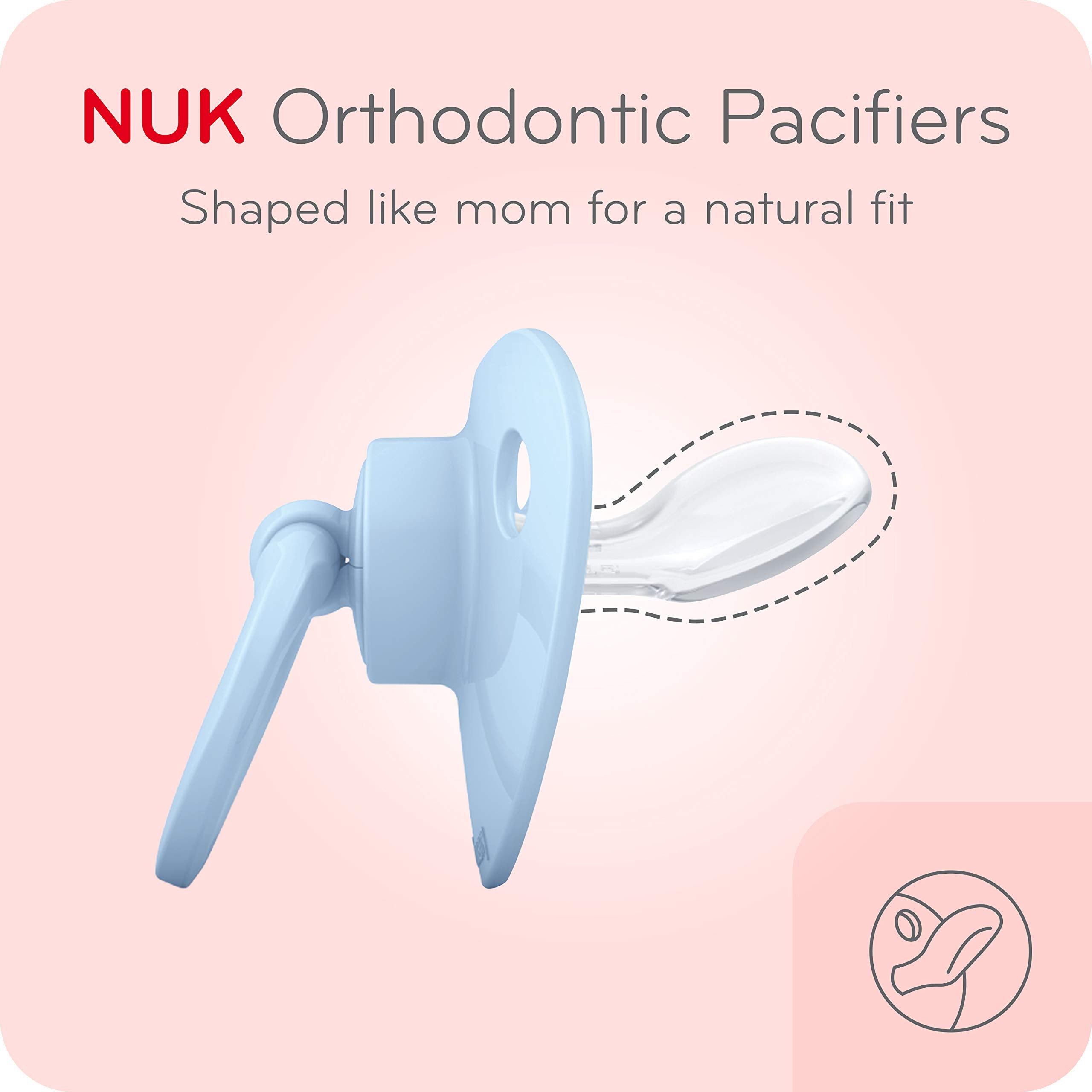 NUK heart-shaped shield sits under baby's nose for easy breathing.