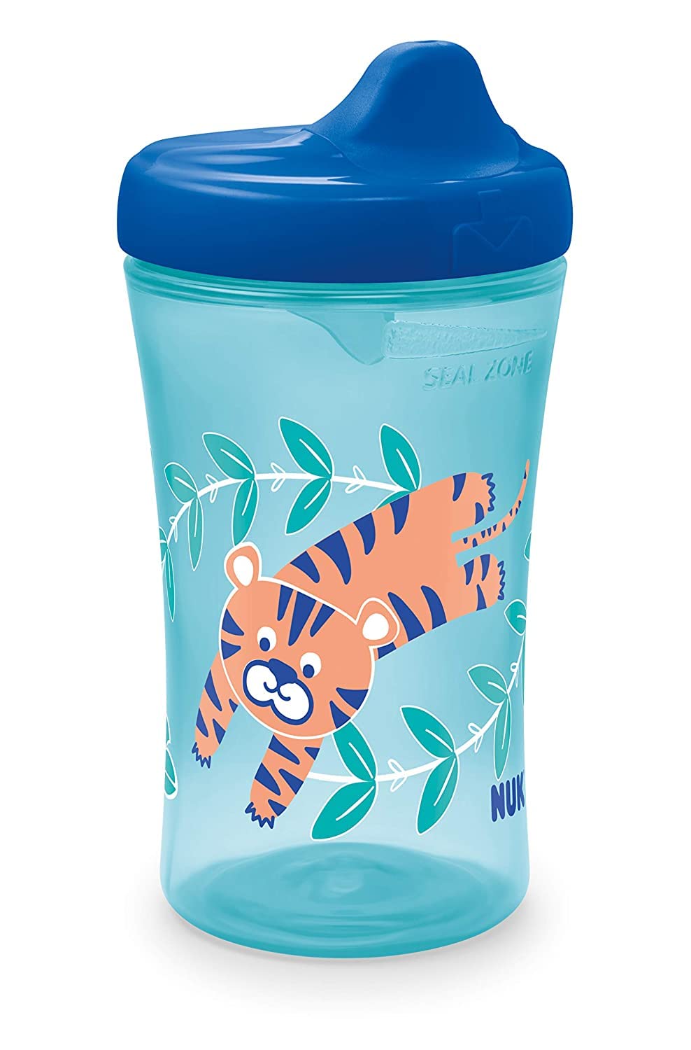 NUK Hide 'n Seek cup close-up of bite-resistant spout for teething toddlers.