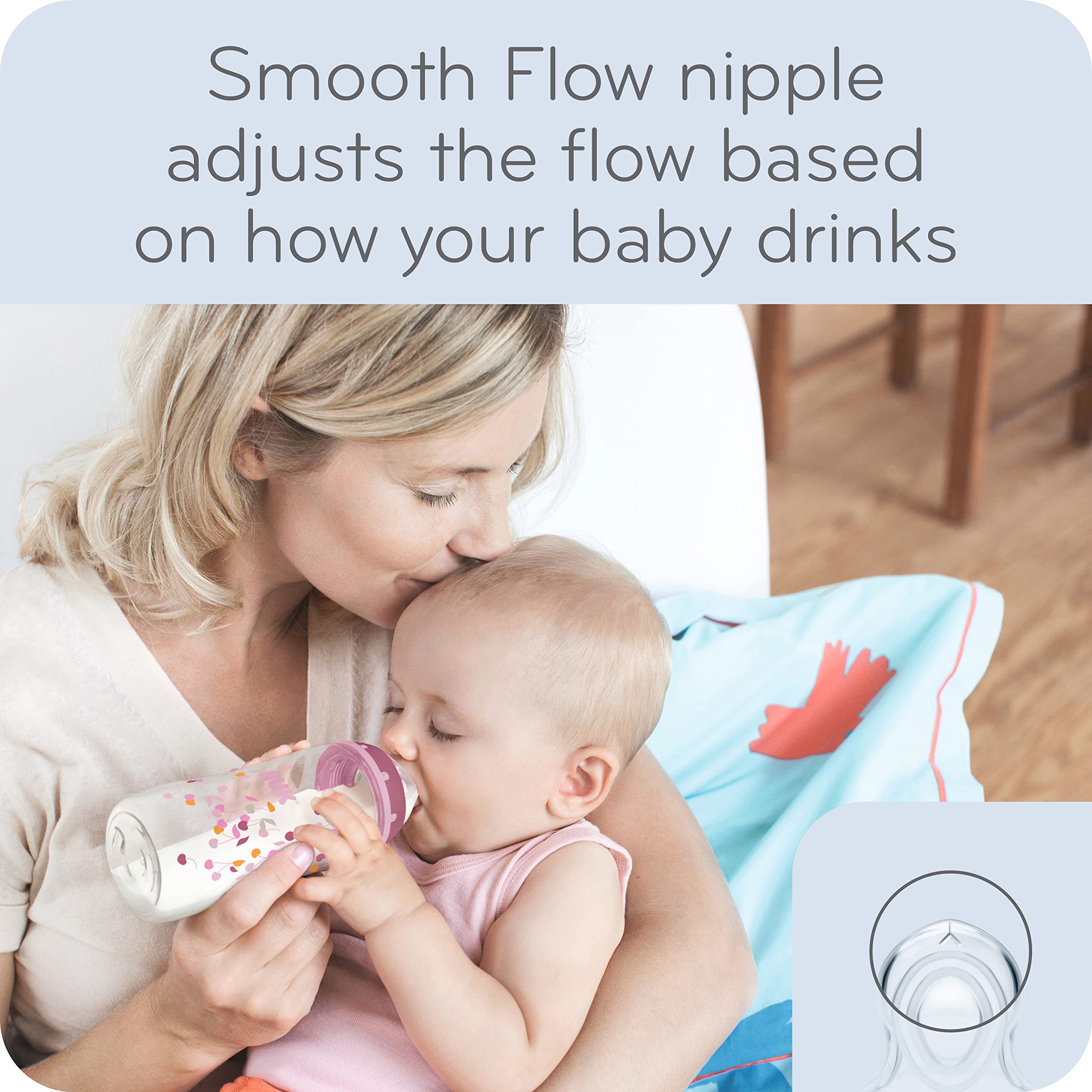 NUK SafeTemp indicator on bottle shows safe temperature.