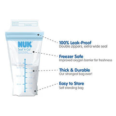 NUK Seal N Go bags show double zipper seal for leak-free transfer and storage.