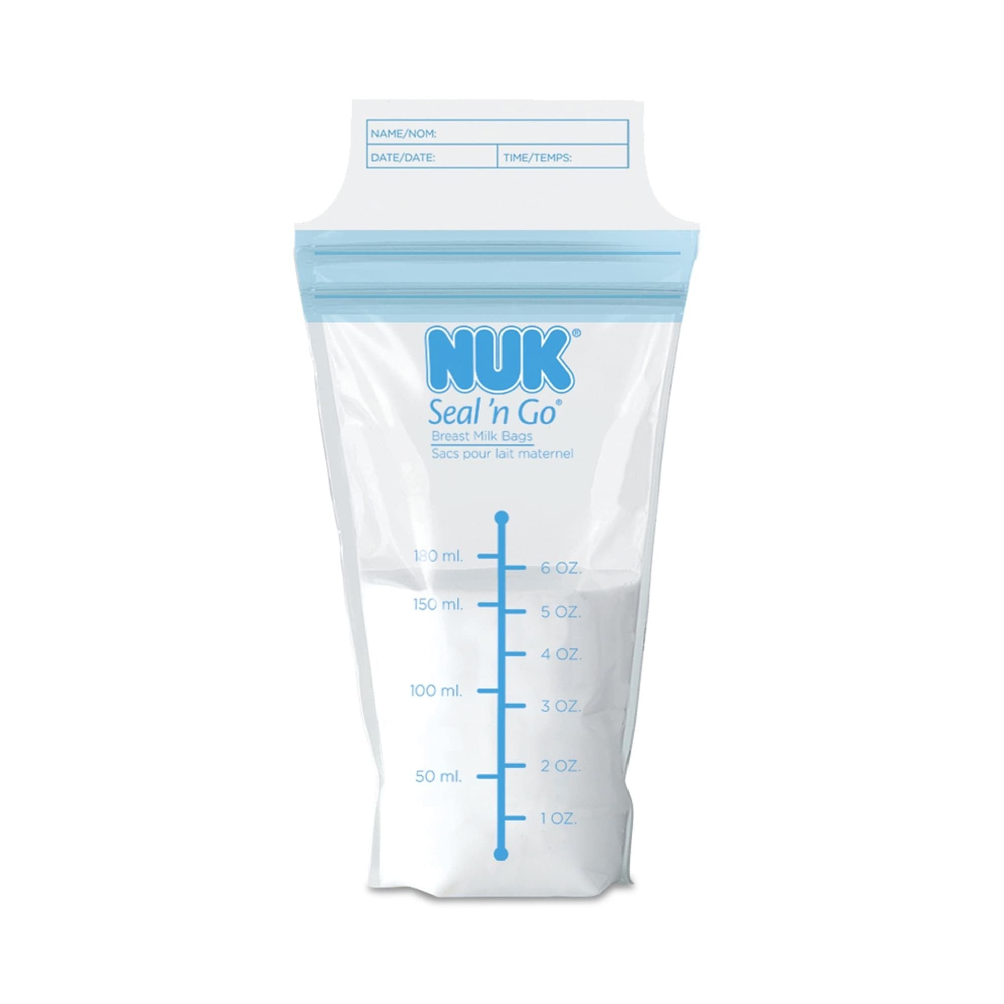NUK Seal N Go breast milk bags standing upright in the freezer for convenient storage.
