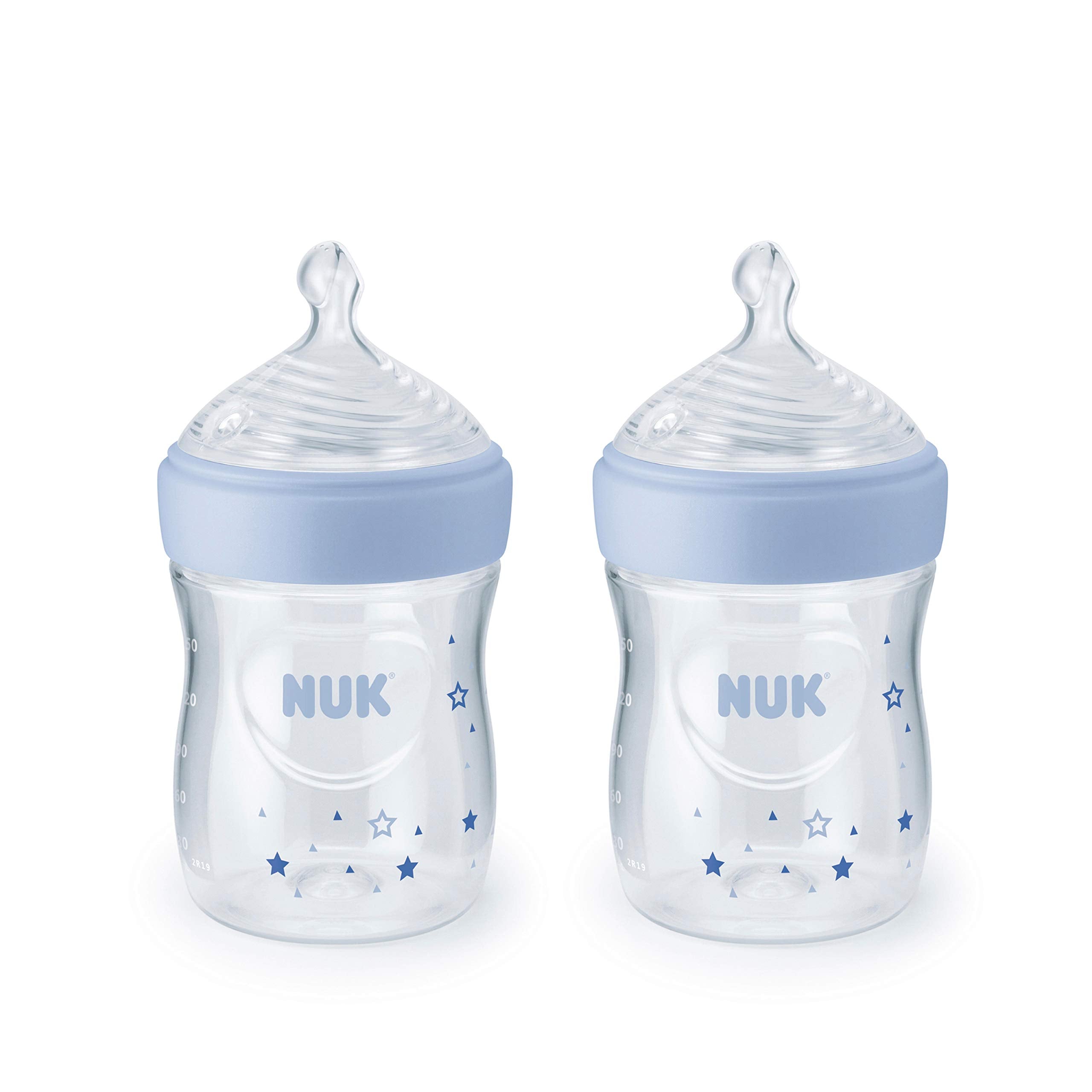 NUK Simply Natural bottle with blue stars pack, ready for convenient feeding at home.