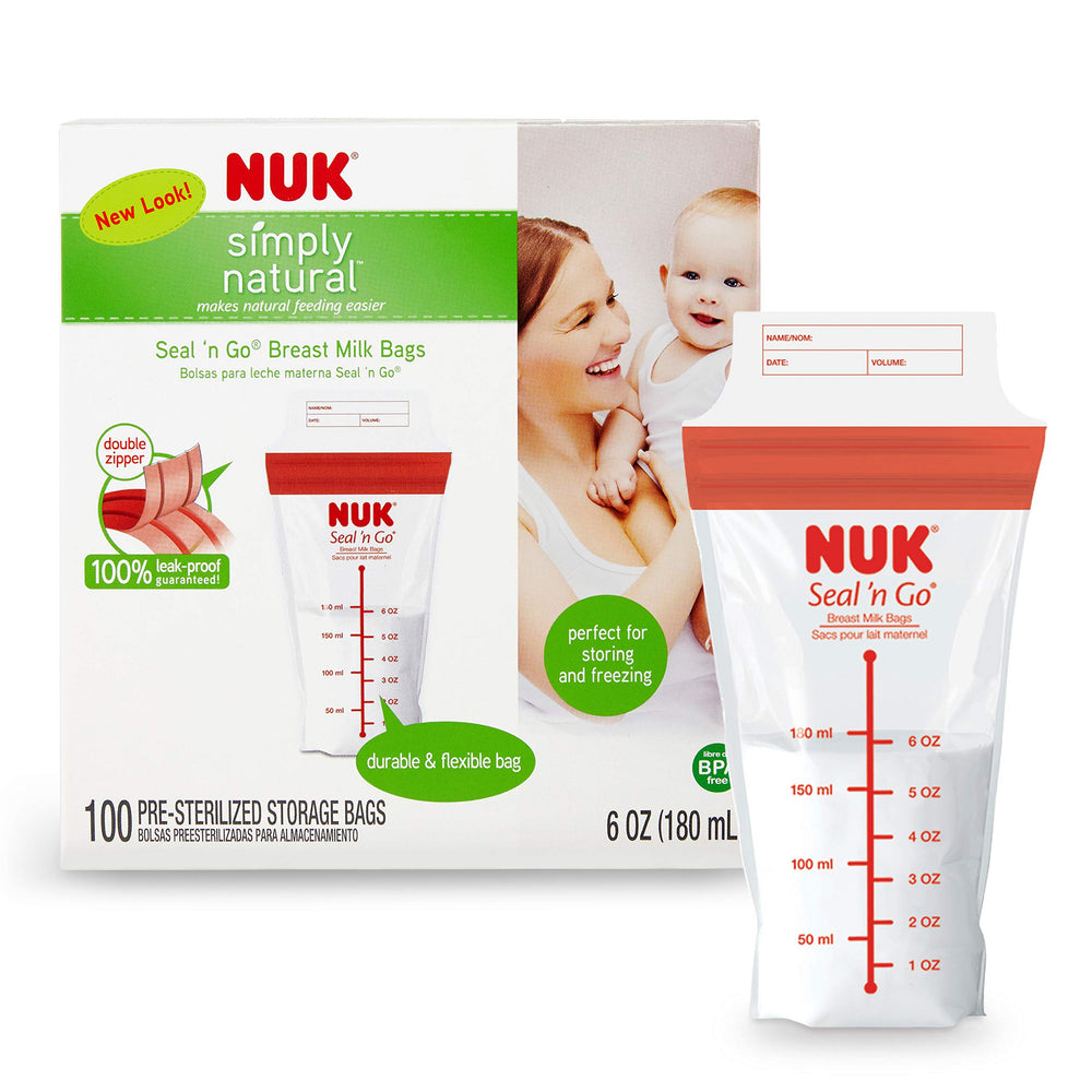 NUK Simply Natural Seal n' Go bag includes date space for freshness tracking.