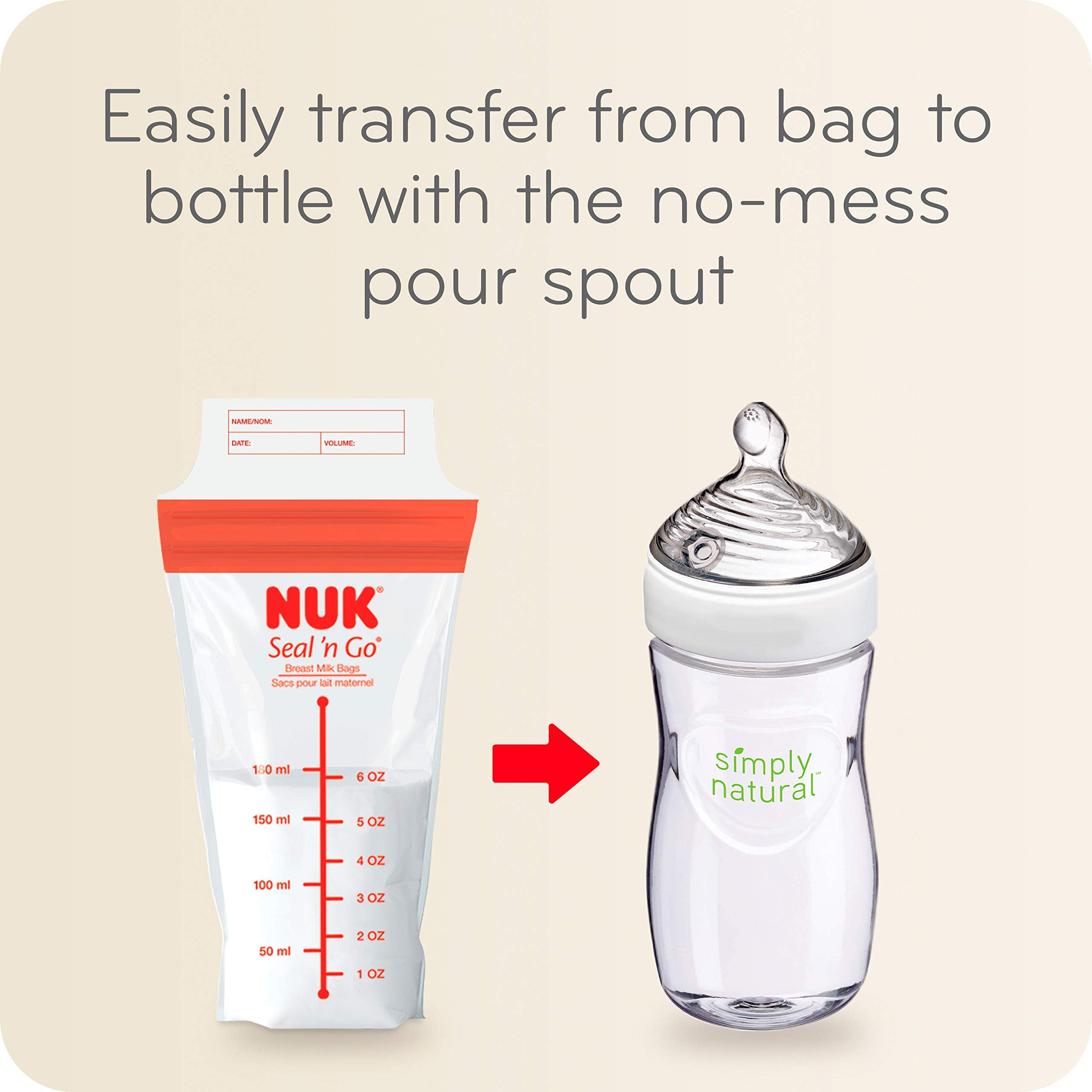 NUK Simply Natural Seal n' Go bag features no-mess pour spout for transfer.