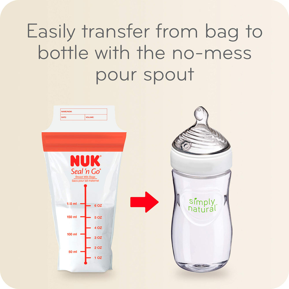 NUK Simply Natural Seal n' Go bag features no-mess pour spout for transfer.
