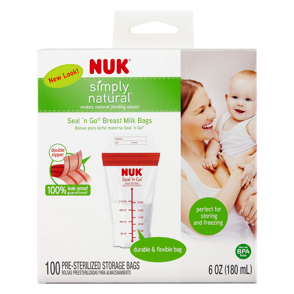 NUK Simply Natural Seal n' Go bag shows volume markings to monitor milk amount.