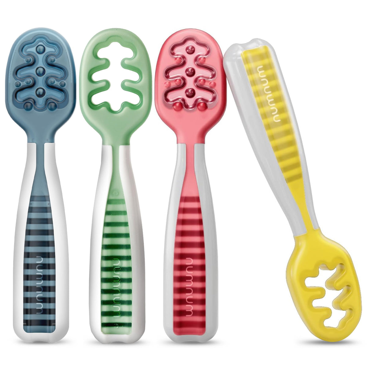 NumNum baby spoons set in four colors with easy-grip handles for tiny hands.