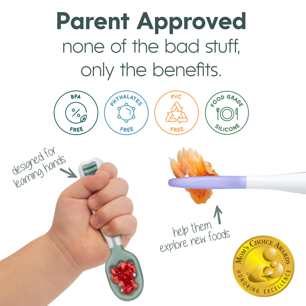 NumNum BPA-free silicone spoons highlighted for safe, easy cleaning.