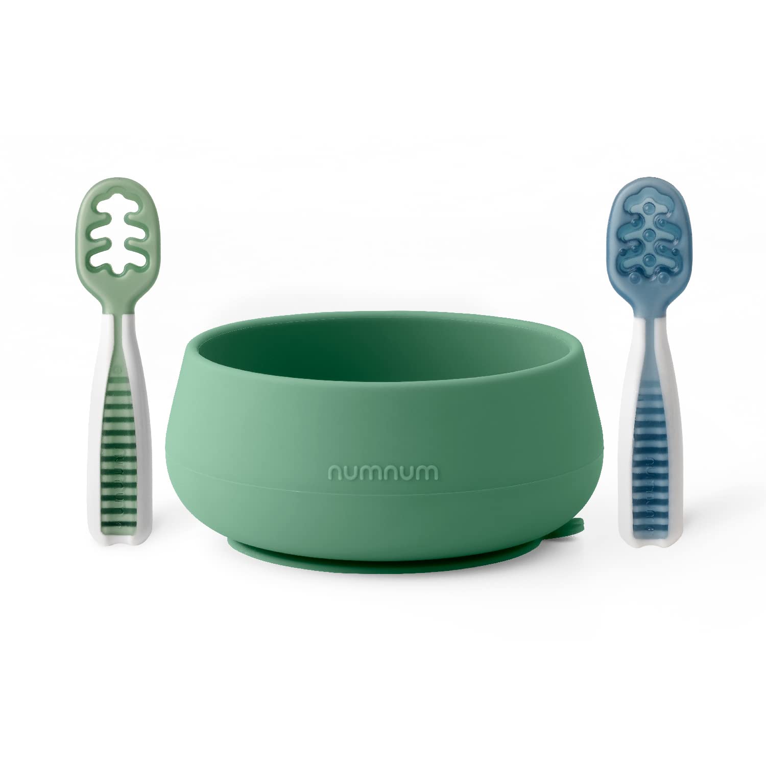 NumNum GOOtensils stage one teether beside the suction bowl for gentle starters.
