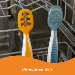 NumNum open-channel spoon soft solids showing food-gripping design for less mess.