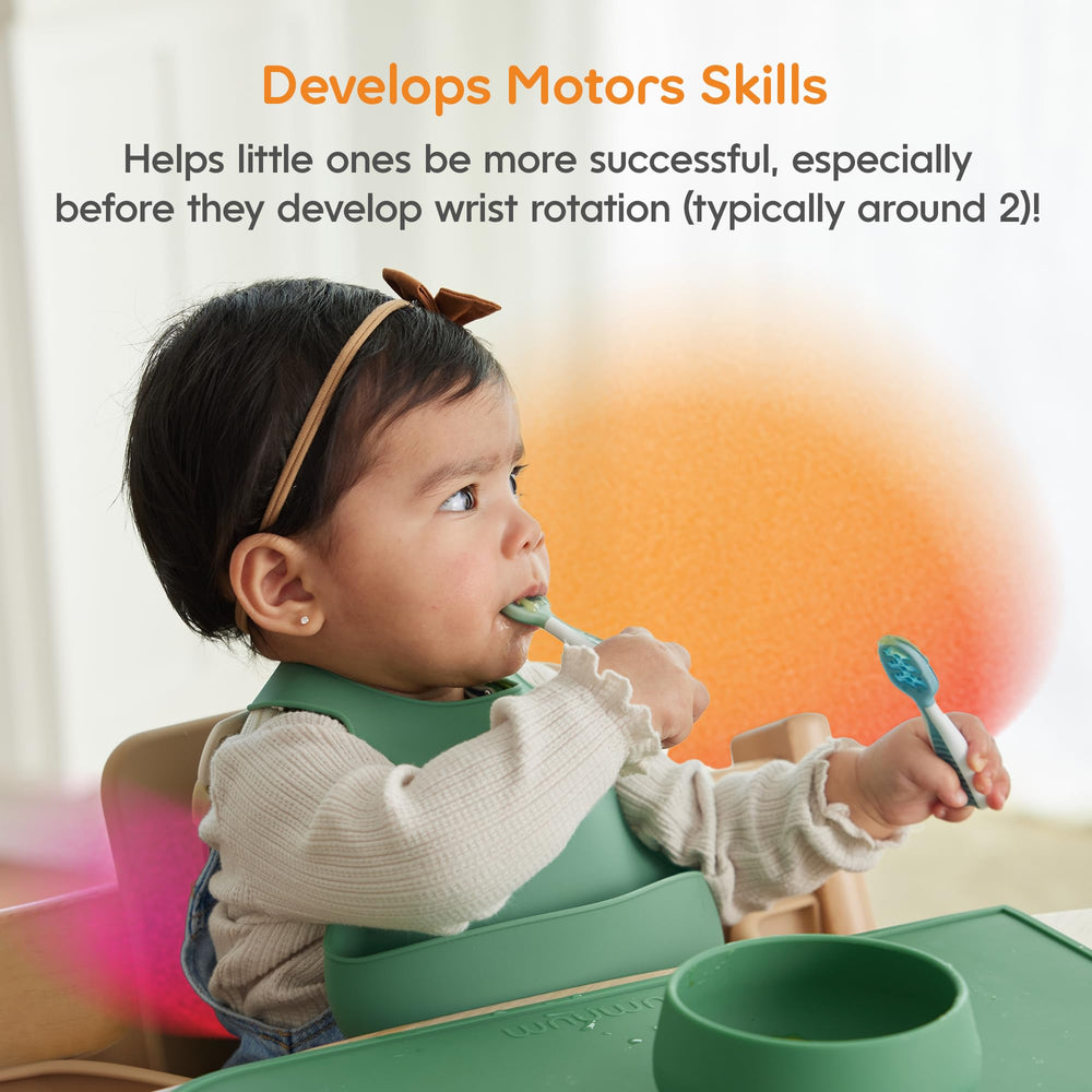 NumNum pre-spoon blue closeup designed for stable grip and mess reduction.