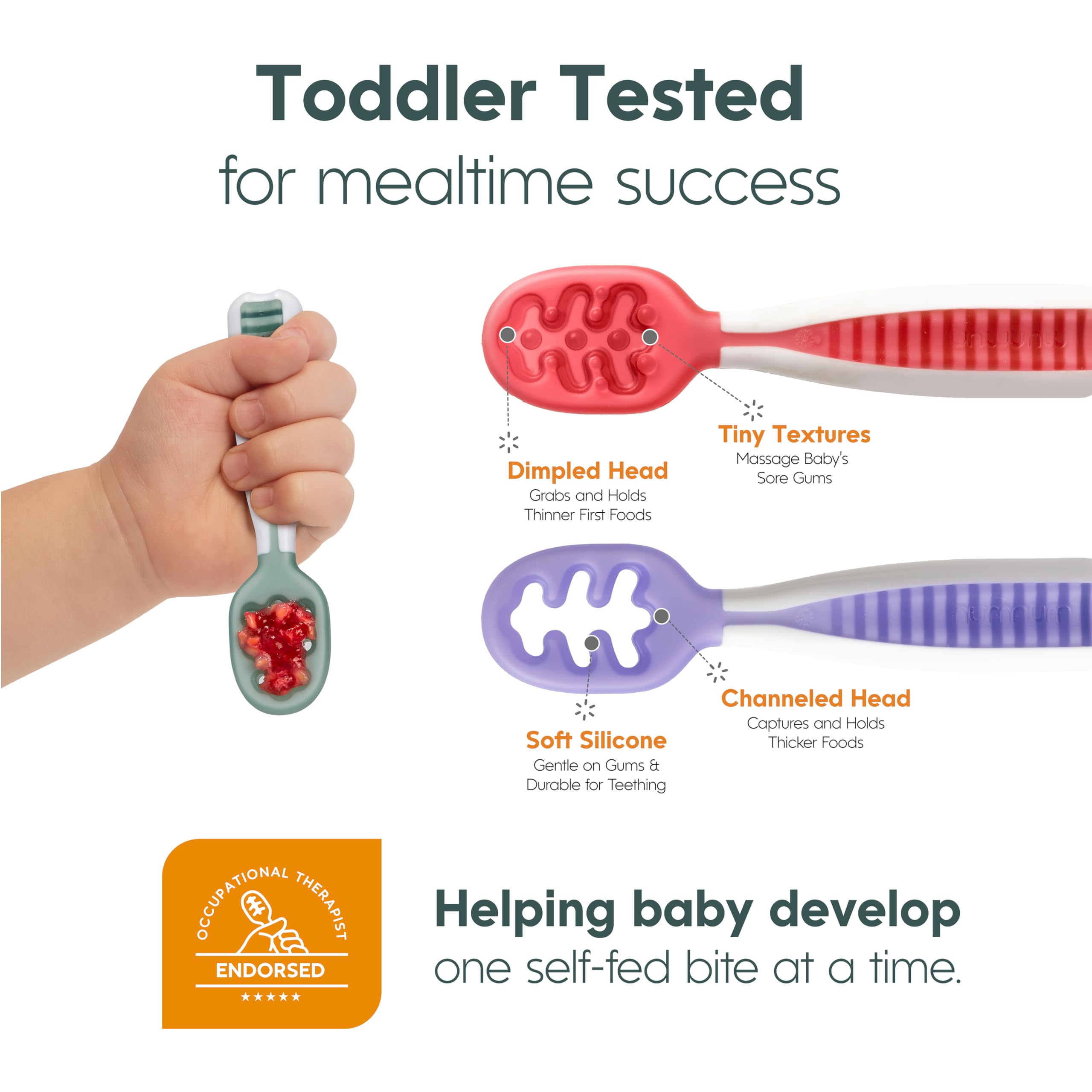 NumNum travel-friendly spoons illustrated for use at home, daycare, or trips.