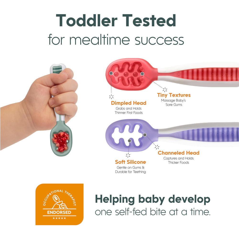 NumNum travel-friendly spoons illustrated for use at home, daycare, or trips.