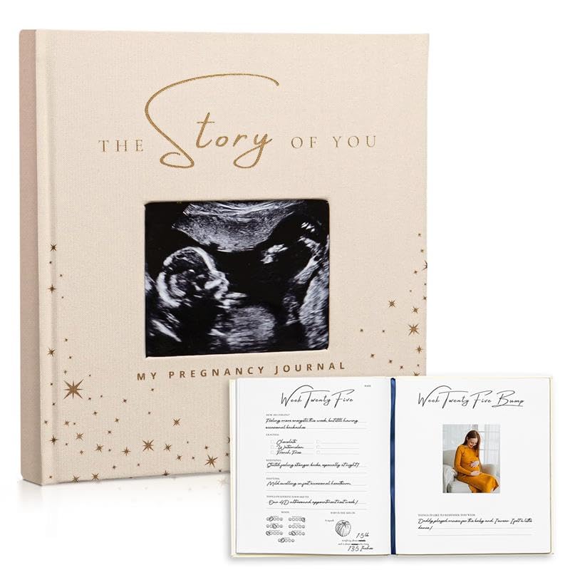 Nuna Paper Co. pregnancy journal cover in beige linen with gold foil for a timeless keepsake