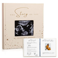 Nuna Paper Co. pregnancy journal cover in beige linen with gold foil for a timeless keepsake