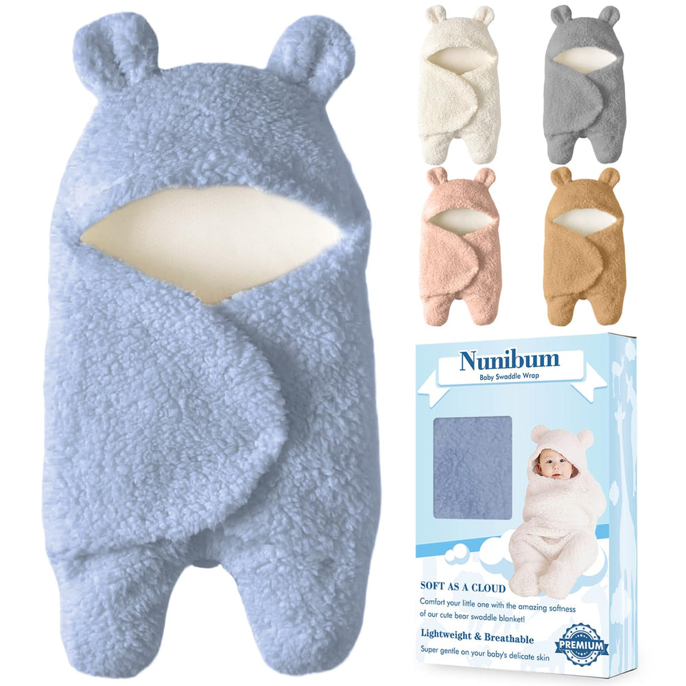Nunibum bear-plush blue swaddle blanket for newborn comfort and snug sleep.