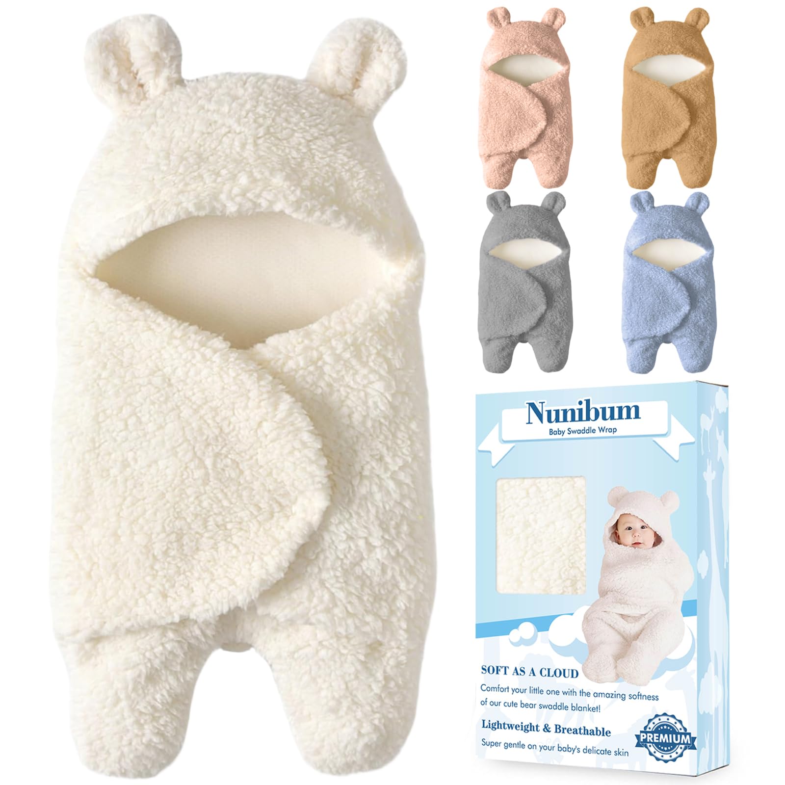 Nunibum bear plush swaddle in white for cozy newborn snuggles