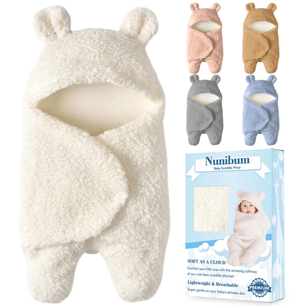 Nunibum bear plush swaddle in white for cozy newborn snuggles