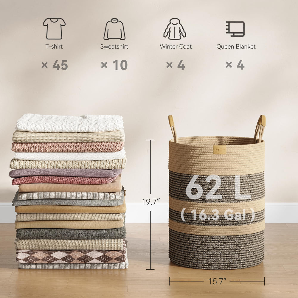 Nunsino 62L striped hamper placed in a bedroom for clutter-free organization.