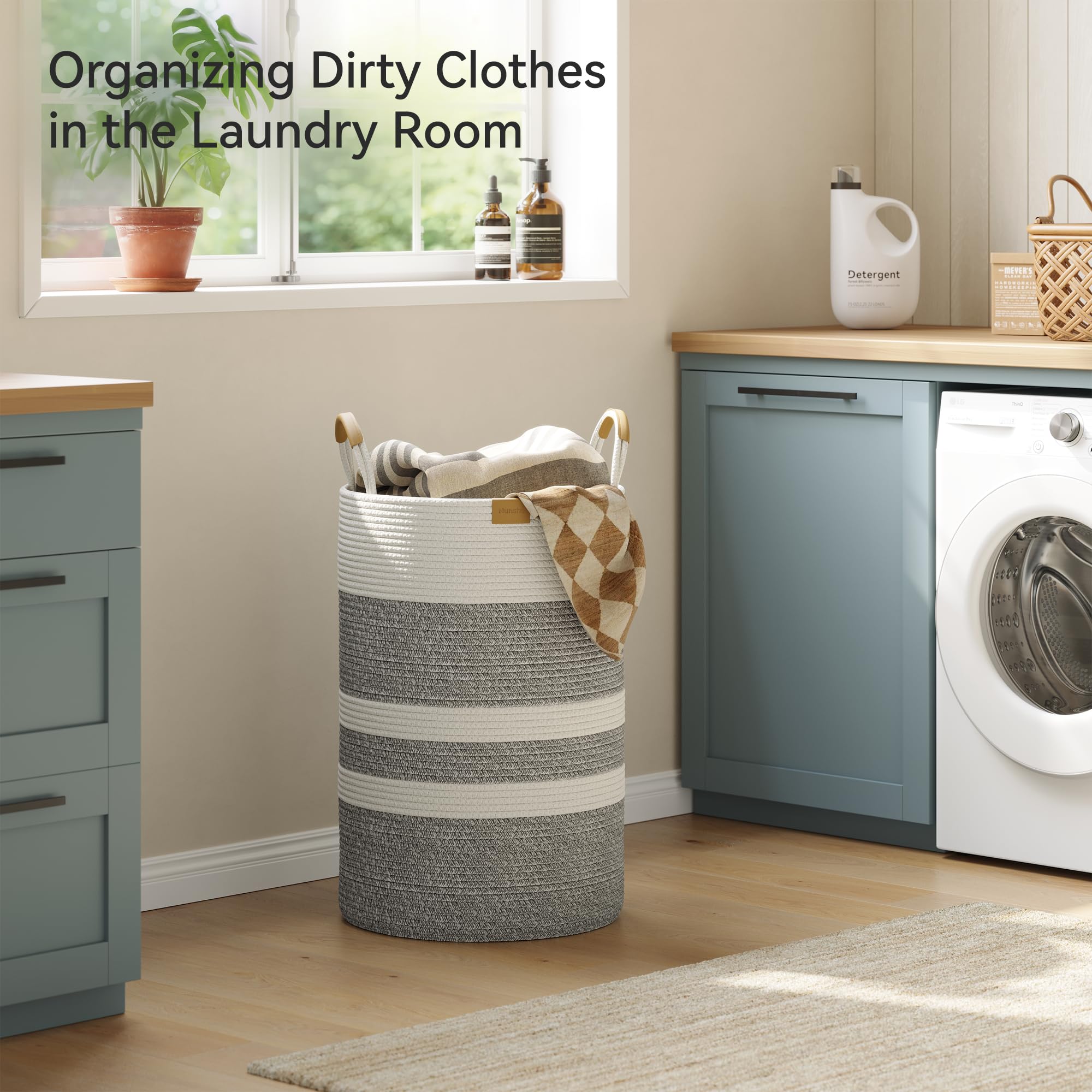 Nunsino foldable laundry basket with gray stripes for flexible storage.