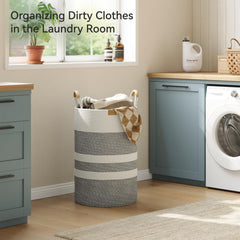 Nunsino foldable laundry basket with gray stripes for flexible storage.