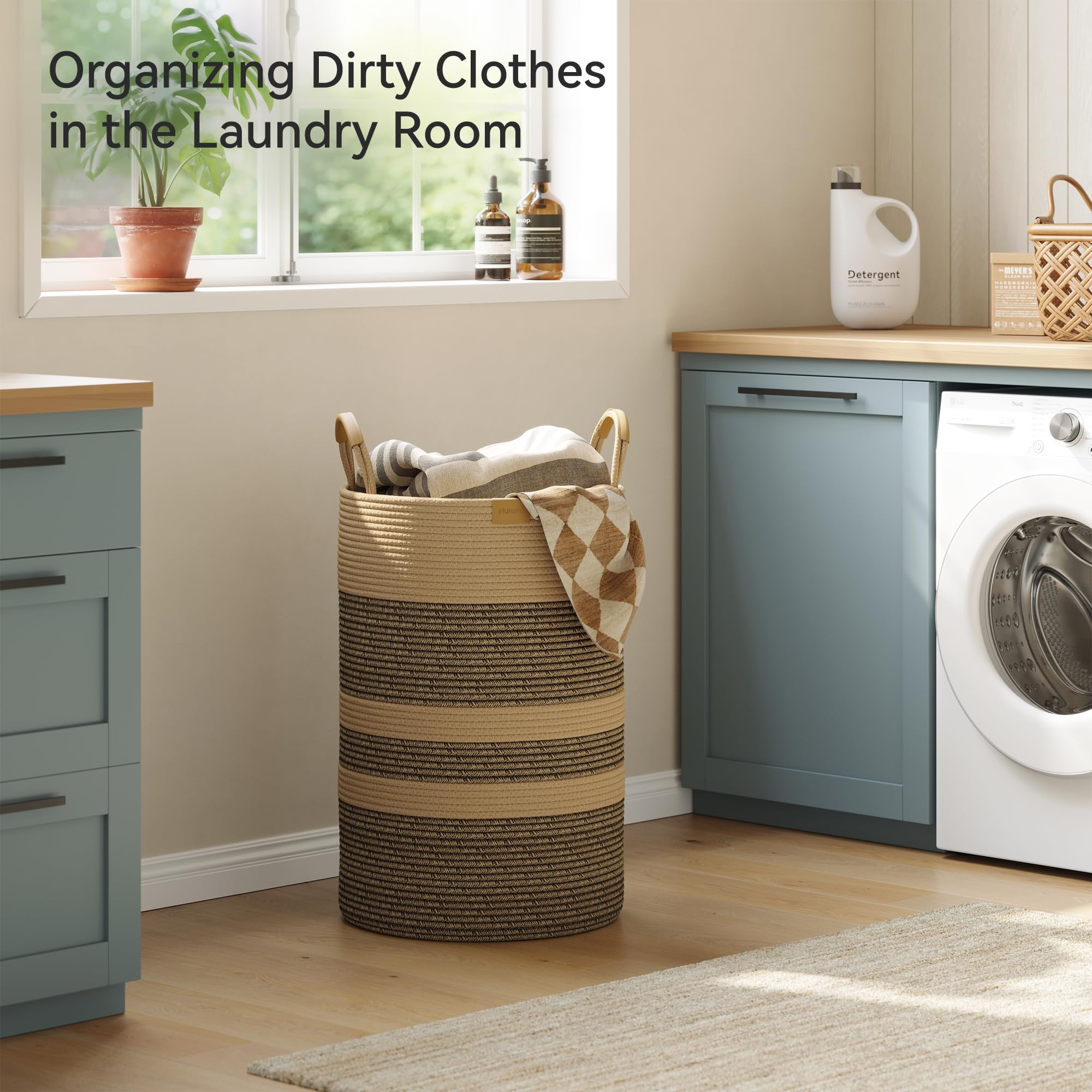 Nunsino foldable laundry basket with cotton rope folds flat for space saving.