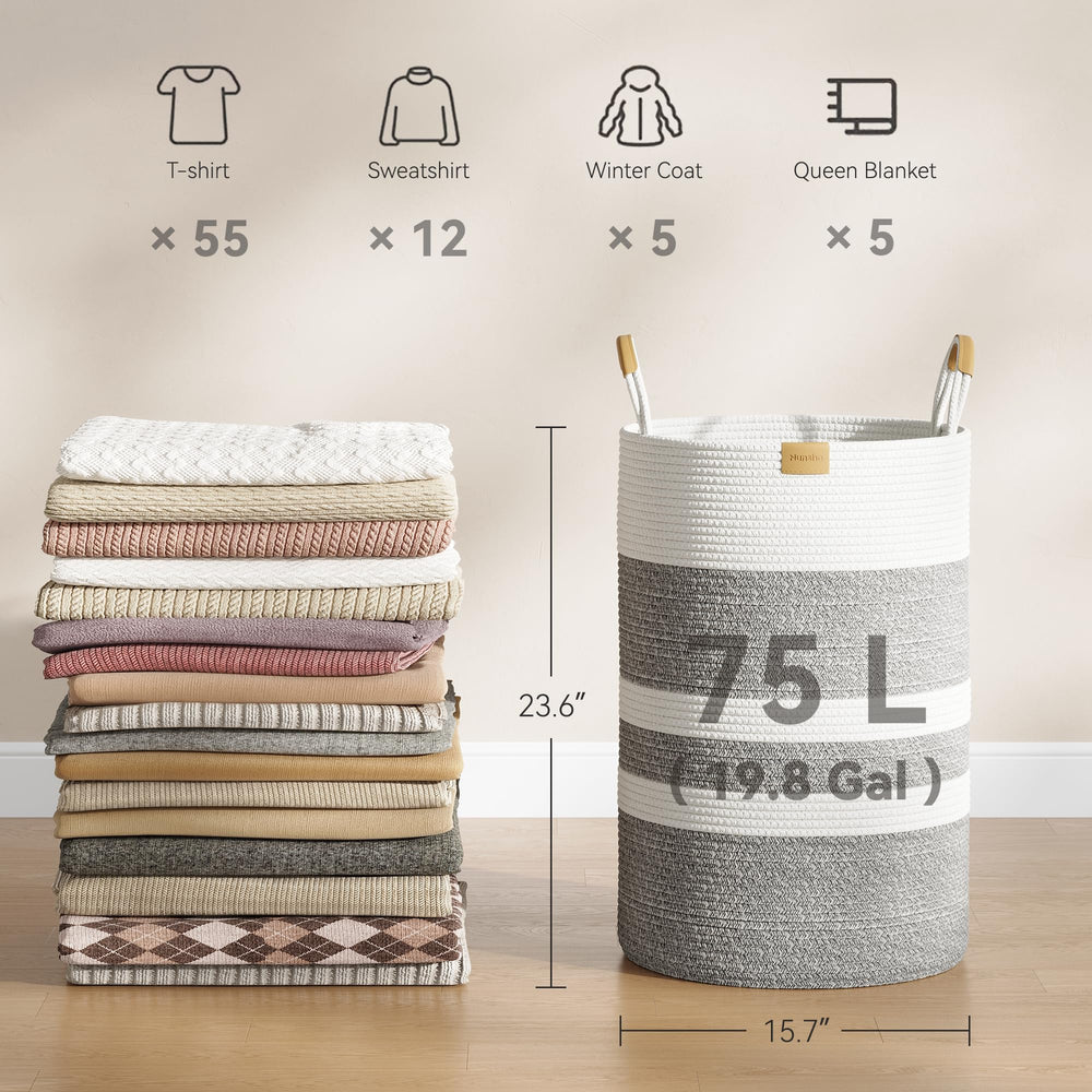 Nunsino woven clothes basket adds stylish organization to a bedroom.