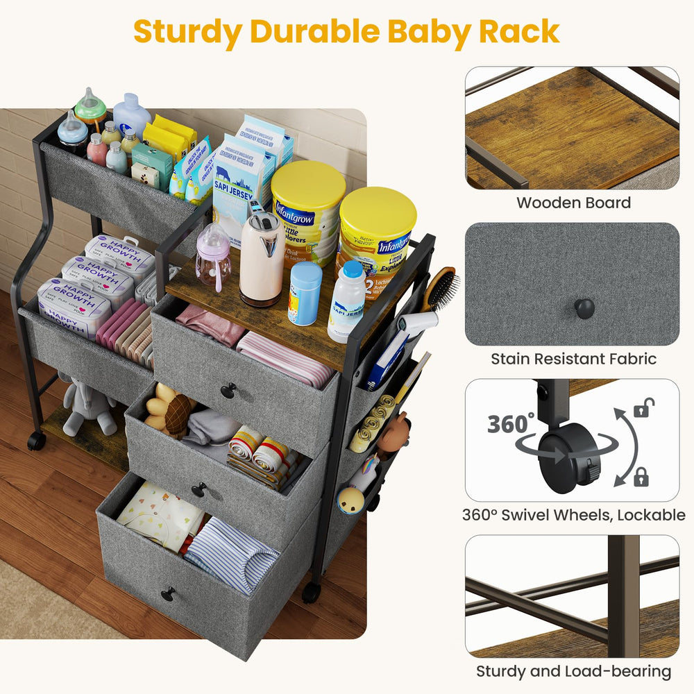 Wheels with brakes offer secure positioning during diaper changes.