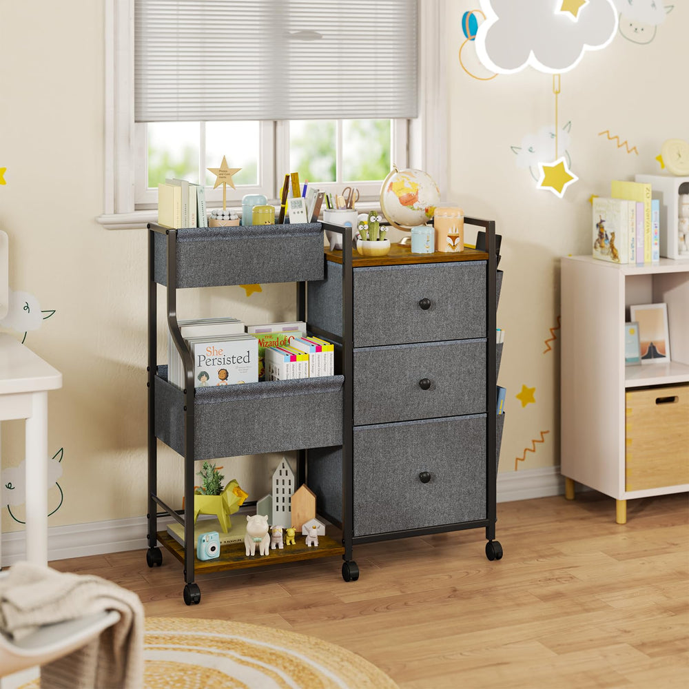 Top-tier changing station setup in Nuoex cart for diaper changes.