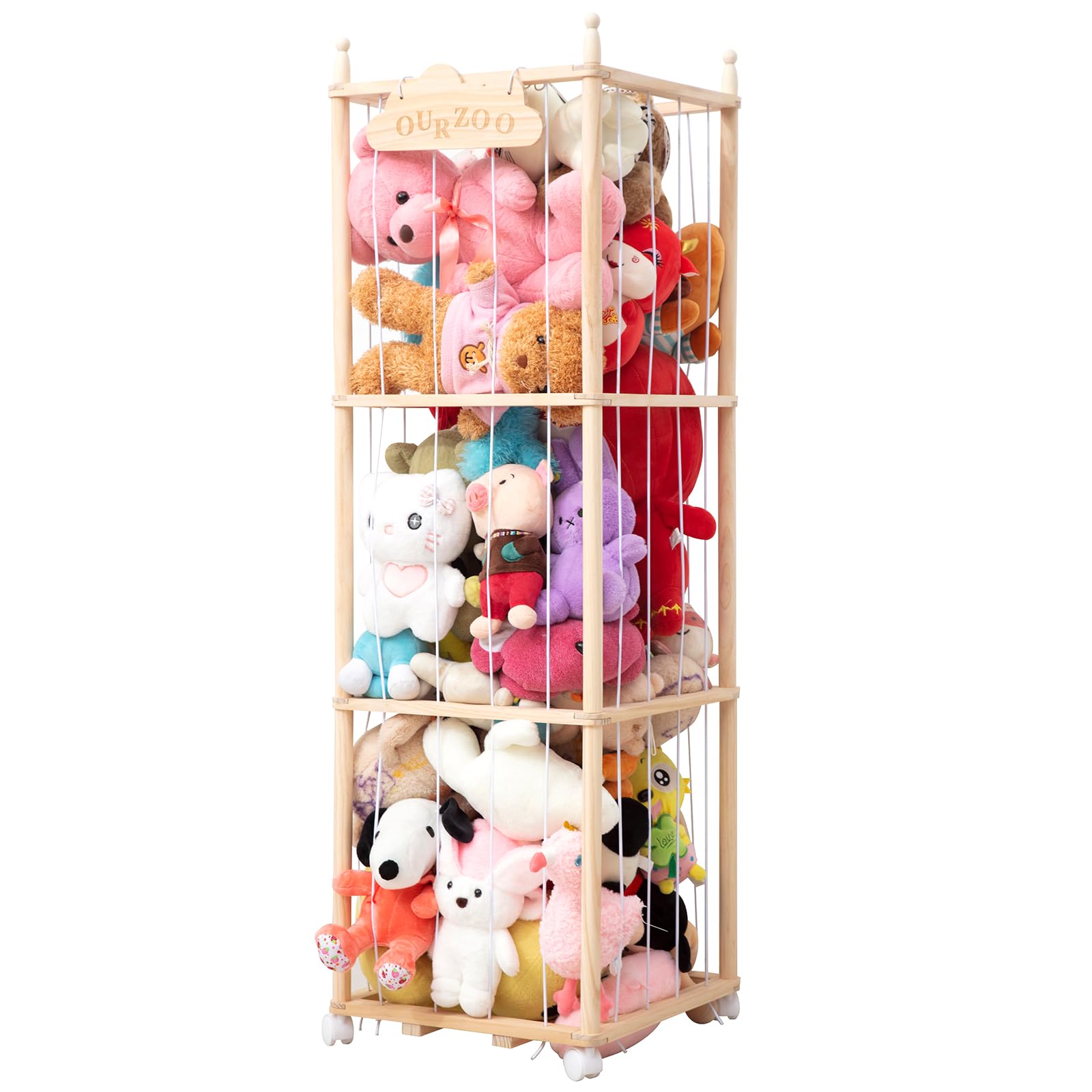 Nuoex stuffed animal storage wooden tower with wheels for easy relocation.