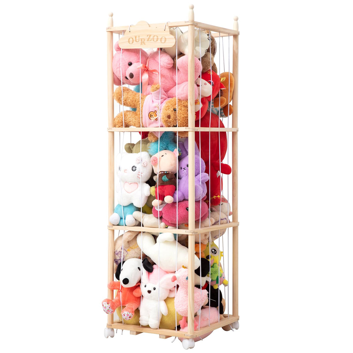 Nuoex stuffed animal storage wooden tower with wheels for easy relocation.