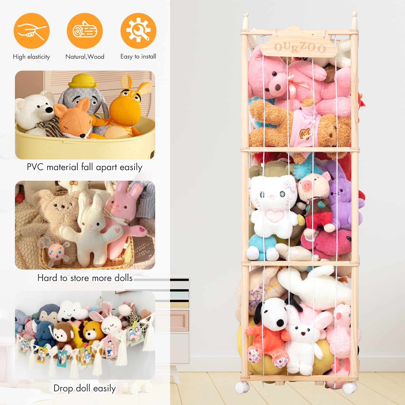 Nuoex wooden organizer dimensions 54 inch tall for large plush toys.