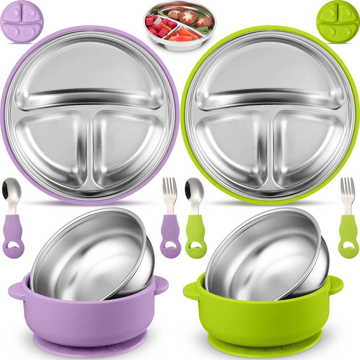 Nuogo 8-pcs stainless steel kids plate set with dividers for organized meals.