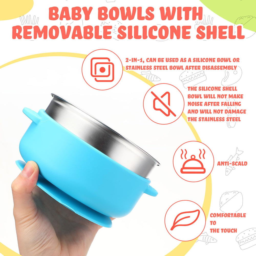 Nuogo baby bowls featuring suction base prevent spills on trays.