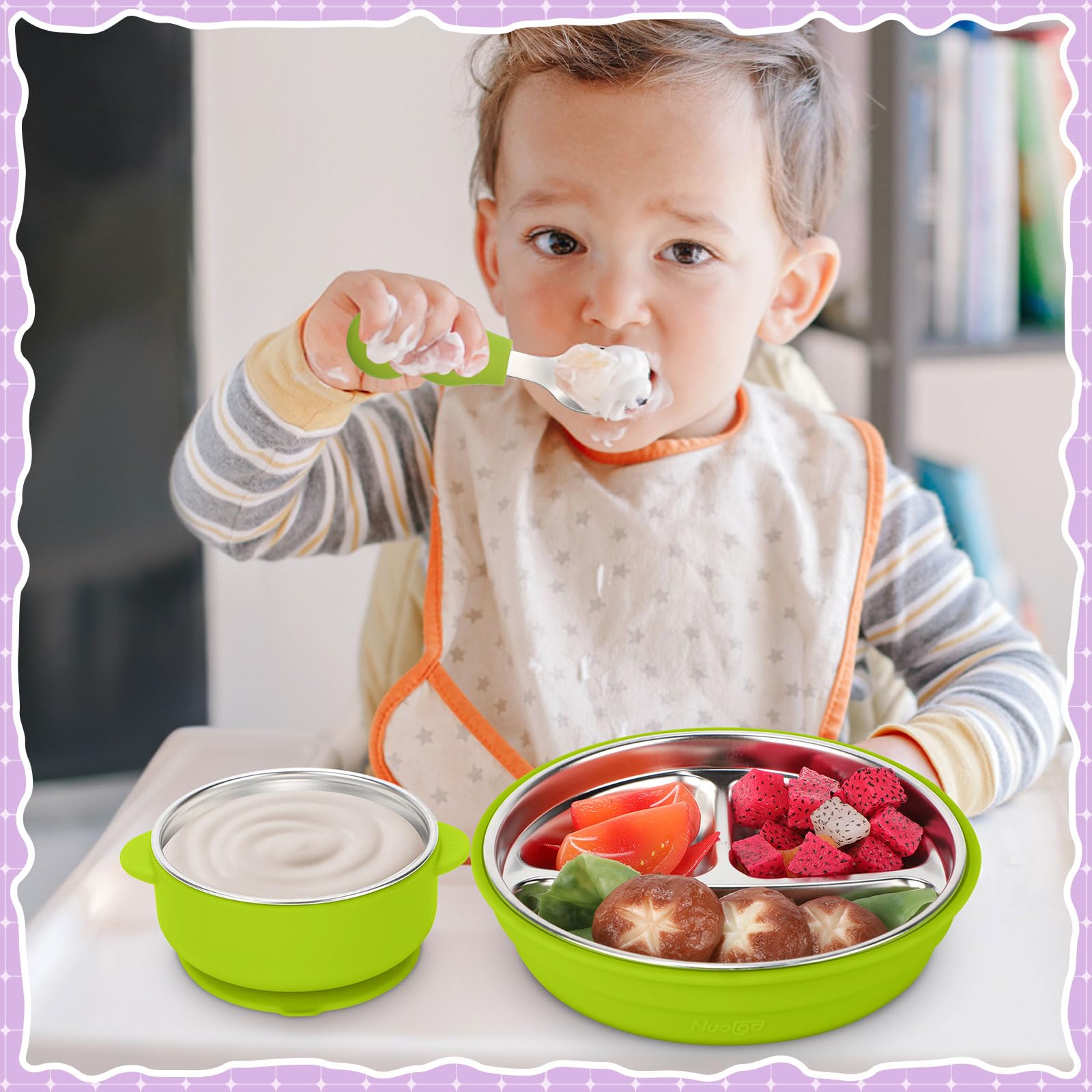 Nuogo bright two-color mealtime design to engage toddlers.