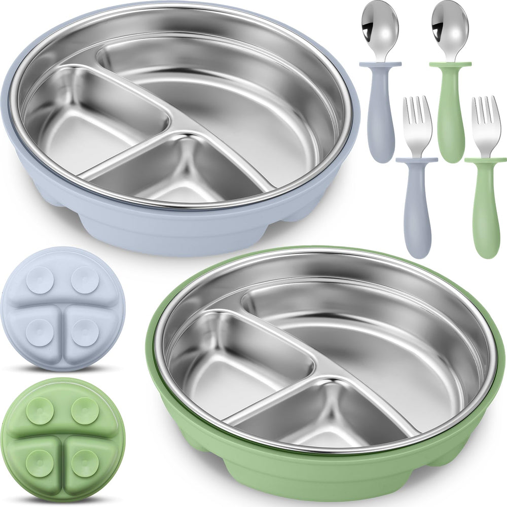 Nuogo stainless steel baby plate with divided bowl and silicone shell for easy, mess-free meals.