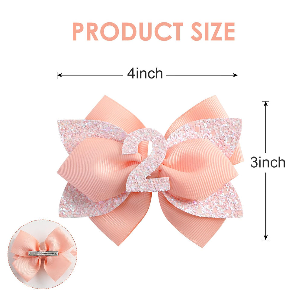 Nuolich peach bow with glitter sequin number enhances party-ready looks for young children.