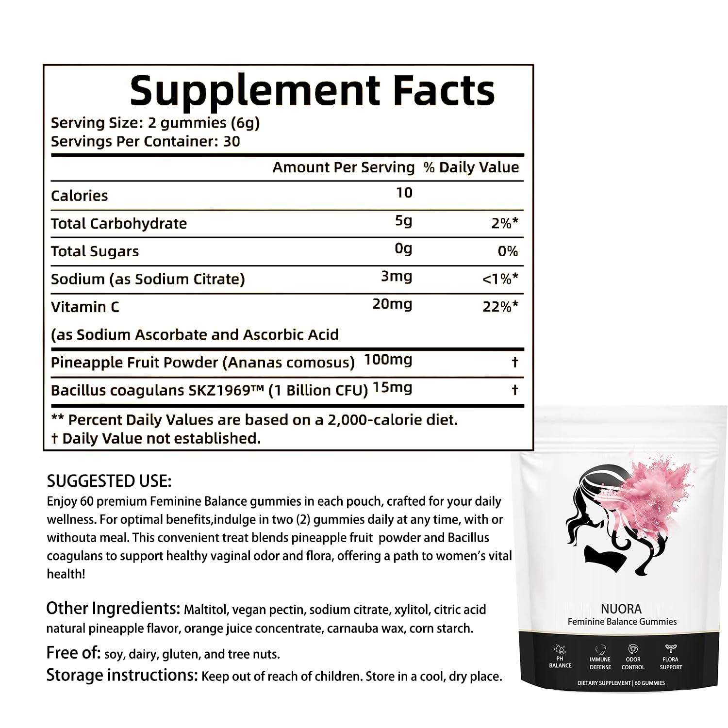 nuora Feminine Balance gummies closeup shows chewy texture and vegan formula.